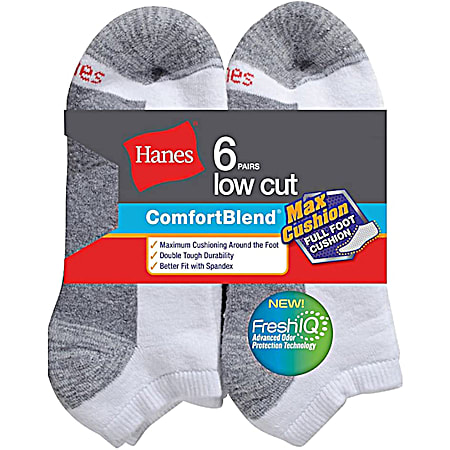 Hanes Men's White w/Dark Grey Footbed Cushion Low Cut Socks - 6 Pk