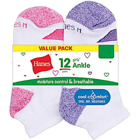 Hanes Girls' Cool Comfort Ankle Socks - Assorted, 12 Pk