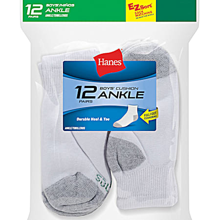 Hanes Boys' White Cushion Ankle Socks - 12 Pk