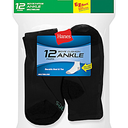 Hanes Boys' Black Cushion Ankle Socks - 12 Pk