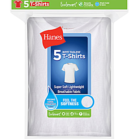 Hanes Boys' Red Label EcoSmart White Crew Neck Short Sleeve Tagless T-Shirts - 5 Pk