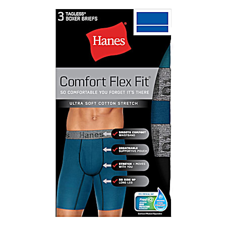 Men's Comfort Flex Fit Tagless Long Length Boxer Briefs - Assorted 3 Pk