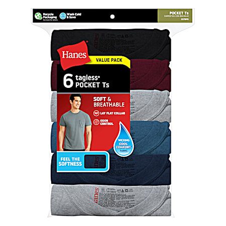 Men's Black/Grey/Blue Soft & Breathable Short Sleeve Pocket Shirts - 6 Pk