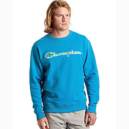 Men's PowerBlend Teal Embroidered Logo Crew Neck Long Sleeve Sweatshirt