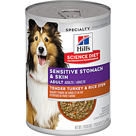 Science Diet Adult Sensitive Stomach & Skin Tender Turkey & Rice Stew Wet Dog Food, 12.5 oz Can