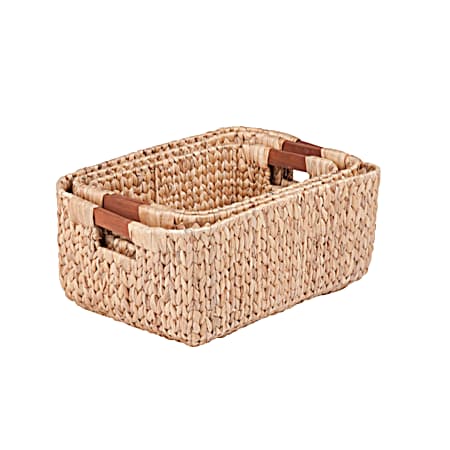3 pc Natural Rectangular Basket Set with Wood Handles