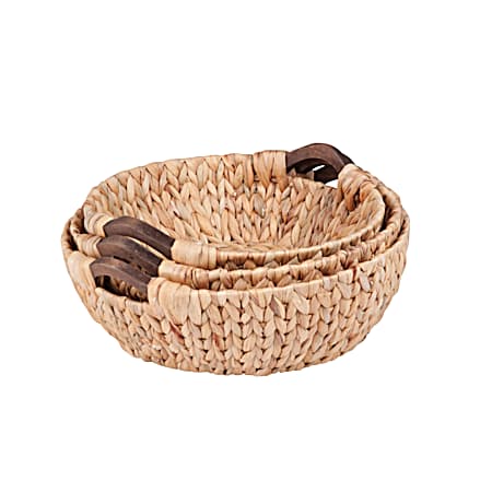 3 pc Natural Round Baskets with Wood Handles