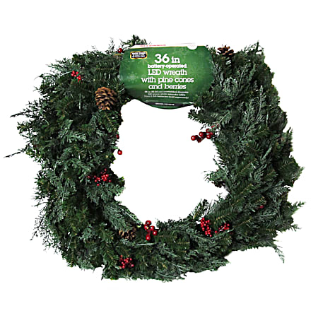 36 in Battery-Operated 50 Warm White LED Lights Wreath w/ Pinecones & Berries and Timer