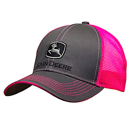 John Deere Ladies' Charcoal/Neon Pink Patch Logo Mesh Back 6-Panel Cap