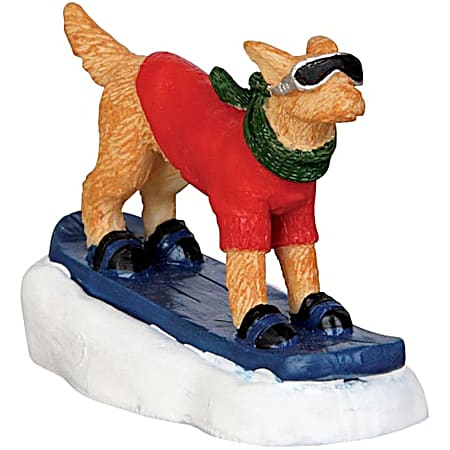 Snowboarding Dog Village Figurine
