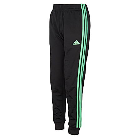 adidas Boys' Black Bold Green 3-Stripe Branded Polyester Athletic Jogger Pants