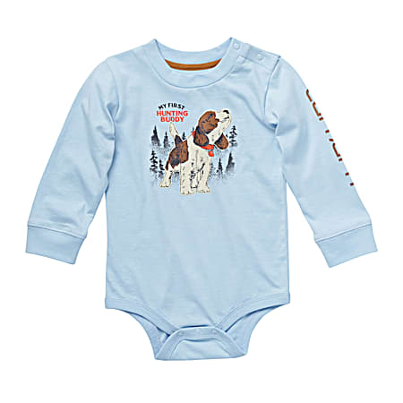 Infant Airy Blue First Hunting Buddy Graphic Crew Neck Long Sleeve Cotton Bodysuit