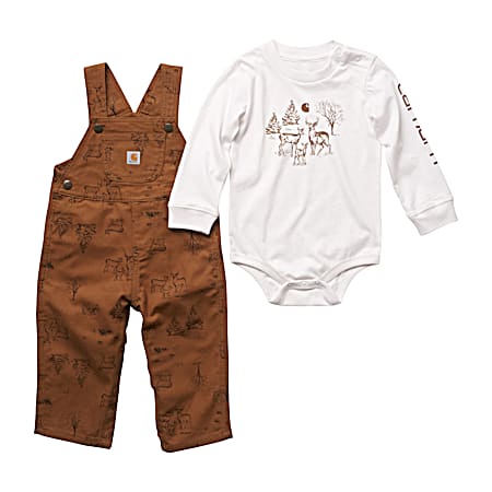 Infant White Graphic Bodysuit & Carhartt Brown All-Over Print Overalls 2-Pc. Set