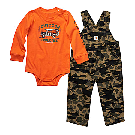 Infant Orange Graphic Bodysuit & Blind Duck Camo All-Over Print Overalls 2-Pc. Set