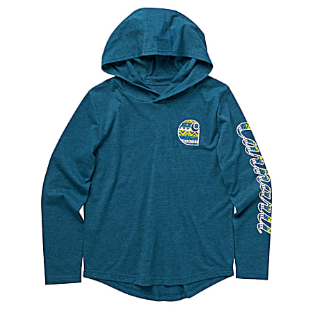 Girls' Blue Coral Heather Aztec Graphic Logo Hooded Long Sleeve Pullover