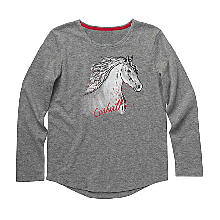 Girls' Charcoal Grey Heather Forever Free Horse Graphic Crew Neck Long Sleeve Cotton T-Shirt