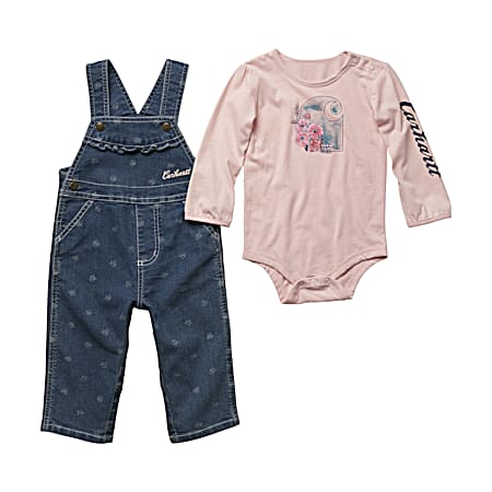 Infant Girls' Pink Flowers Graphic Bodysuit & Medium Wash Denim Overalls 2-Pc. Set