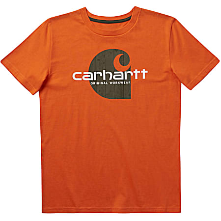Boys' Orange Woodgrain Logo Graphic Crew Neck Short Sleeve T-Shirt
