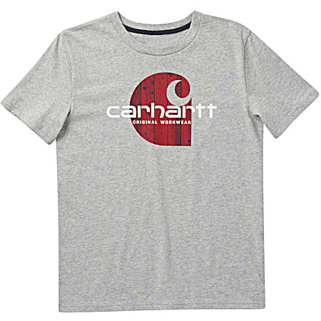 Boys' Gray Heather Woodgrain Logo Graphic Crew Neck Short Sleeve T-Shirt
