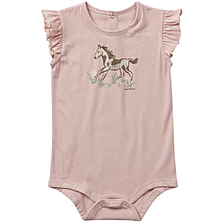 Infant Girls' Pink On The Farm Horse Graphic Crew Neck Flutter Sleeve Cotton Jersey Bodysuit