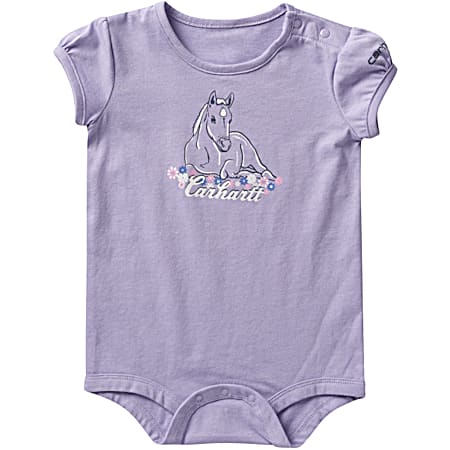Infant Girls' Purple Flower Horse Graphic Crew Neck Cap Sleeve Cotton Jersey Bodysuit