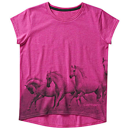 Little Girls' Raspberry Rose Running Horse Crew Neck Short Sleeve T-Shirt