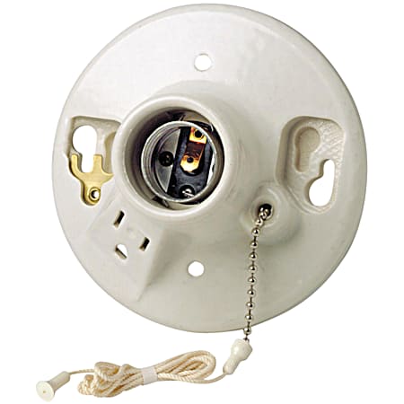White Outlet Box Mount Lampholder w/ Ground Outlet