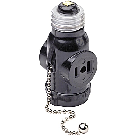 Black Pull Chain Socket Adapter w/ 2 Outlets