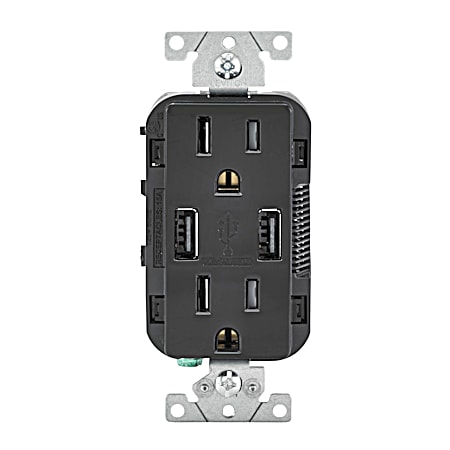 Decora 15 Amp Black USB Charger Tamper-Resistant Grounding Duplex Outlet