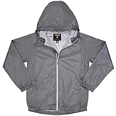 Boys' Solid Graphite Hooded Full Zip Polyester Rain Jacket