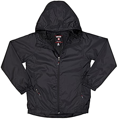 Boys' Solid Black Hooded Full Zip Polyester Rain Jacket