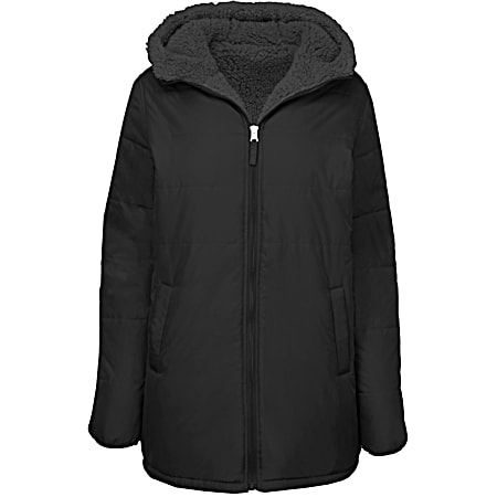 Women's Rich Black Reversible Berber Hooded Zip Front Quilted Puffer Jacket