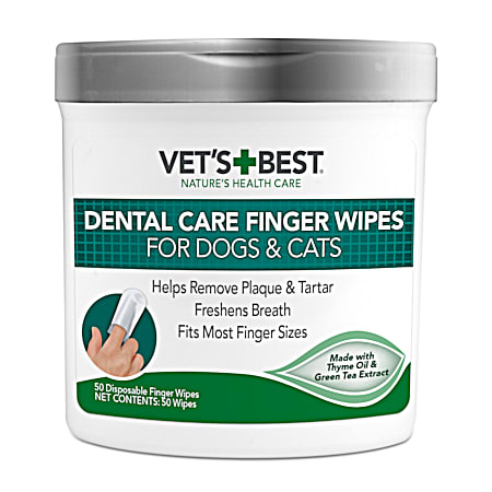Vet's Best Dental Care Finger Wipes for Dogs & Cats - 50 Ct