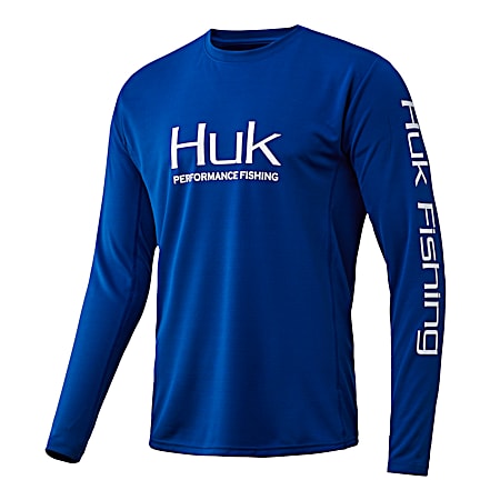 Adult Fishing Icon X Performance HUK Blue Crew Neck Long Sleeve Shirt