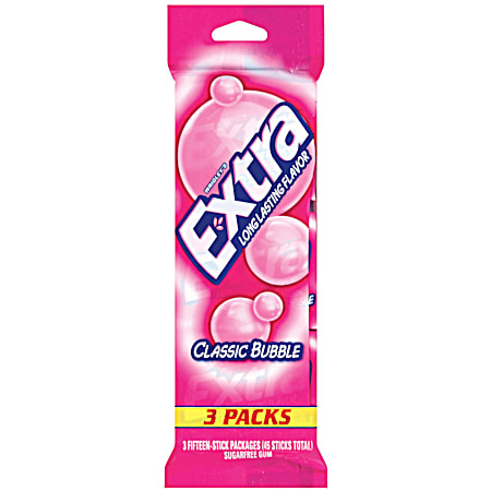 Wrigley Extra 3 PK Sugar Free Classic Bubble Flavored Chewing Gum
