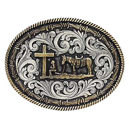 Two-Tone Rope & Barbed Wire Classic Impressions Christian Cowboy Attitude Buckle