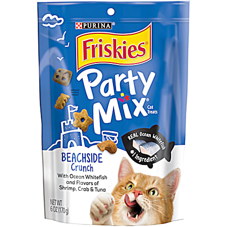 Purina Friskies Party Mix Crunch 6 oz Beachside Crunch w/ Real Ocean Whitefish Cat Treats