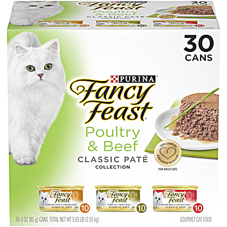 Purina Fancy Feast Classic Pate Poultry & Beef Collection Adult Wet Cat Food - 30 Pk