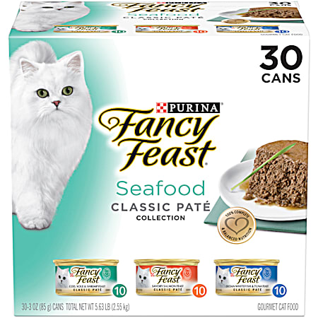 Purina Fancy Feast Classic Seafood Pate Collection Adult Wet Cat Food - 30 Pk