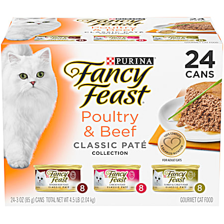 Purina Fancy Feast Poultry & Beef Classic Pate Collection Wet Cat Food Variety Pack - 24 Ct