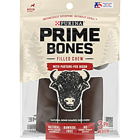 Purina Prime Bones Medium Filled Chew w/ Bison Dog Treat - 3 Pk