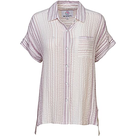 44° North Casual Women's Lavender Vertical Stripe Button Front Short Sleeve Crinkle Woven Camp Shirt