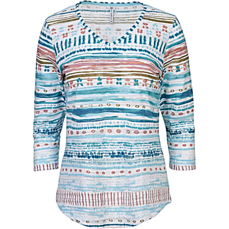 44° North Casual Women's Sea Angel Multi Print Burn-Out V-Neck 3/4 Sleeve Top