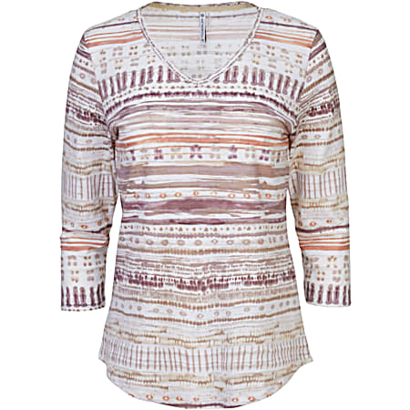 44° North Casual Women's Elderberry Multi Print Burn-Out V-Neck 3/4 Sleeve Top