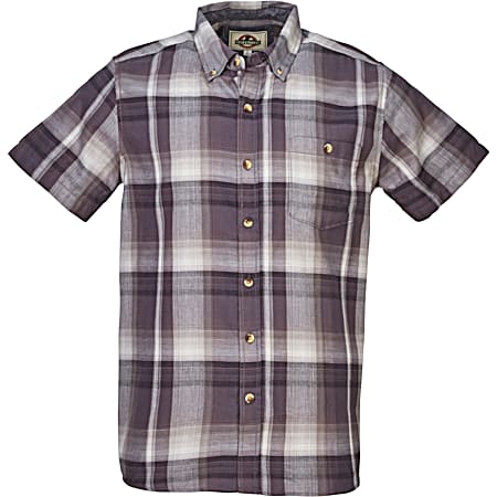 Men's Medium Grey Plaid Button Front Short Sleeve Cotton Blend Shirt