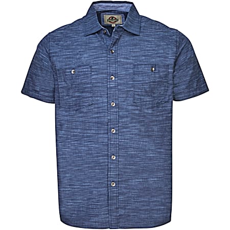 Men's Forged Indigo Button Front Short Sleeve Crosshatch Chambray Shirt