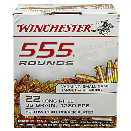 .22 LR Bulk Pack Copper Plated 36 Grain HP Rimfire Cartridges - 555 Rounds