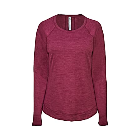 Women's Red Wine Space Dye Double Peached Crew Neck Long Sleeve Shirt