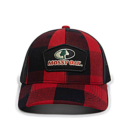 Adult Red/Black Buffalo Plaid Patch Logo Mesh Back Cap