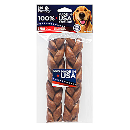 Made in U.S.A. 7 in 100% Beefhide Braids Beef Flavored Dog Chews - 2 Pk